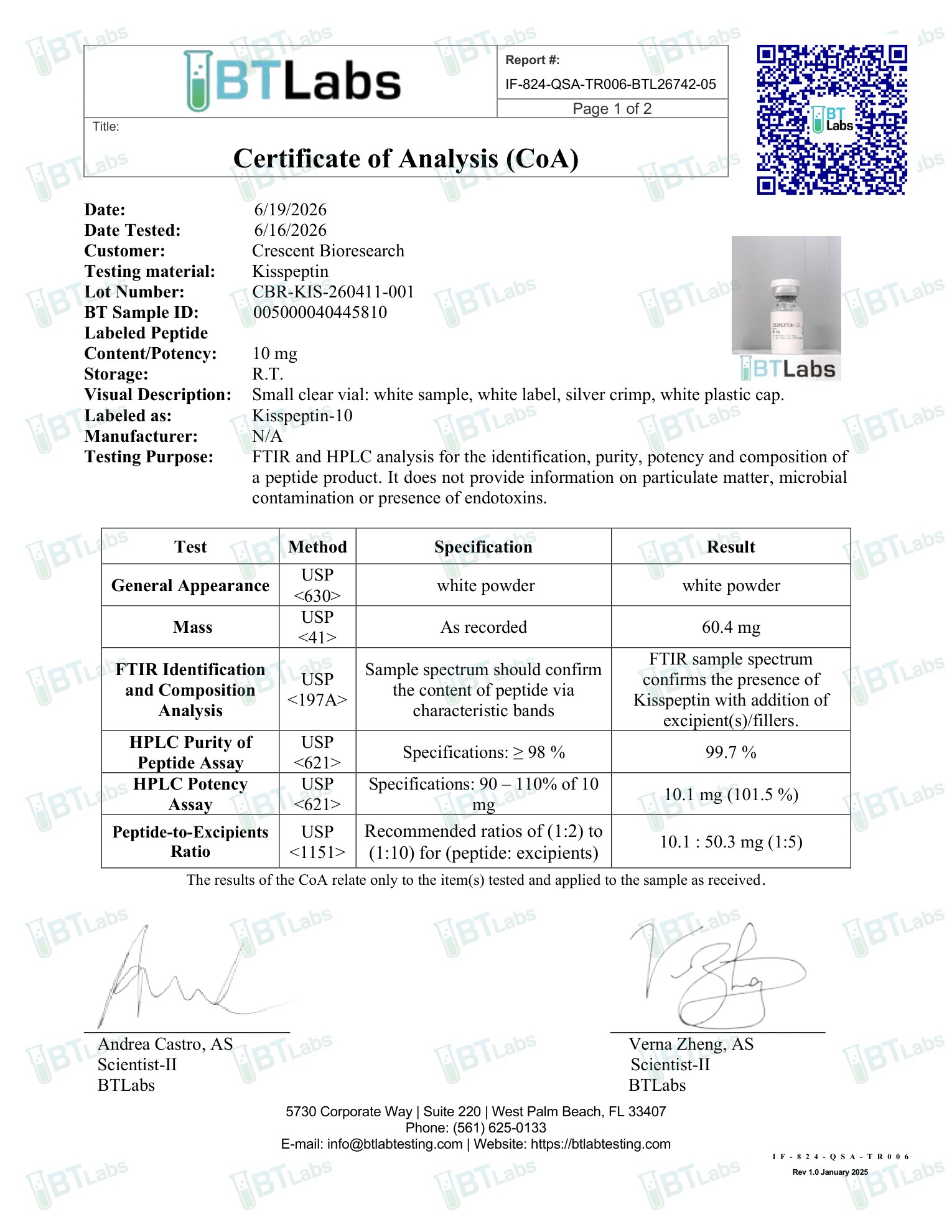 Certificate page 1: identity, purity and content